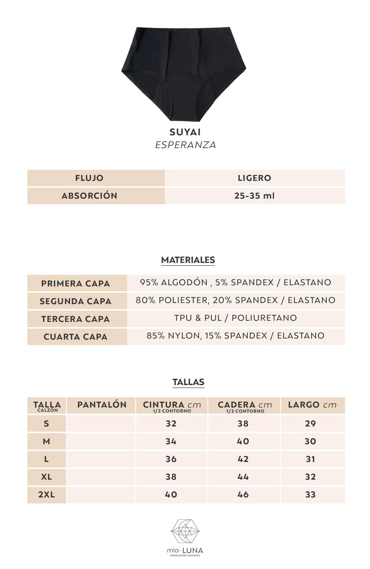 Calzón Menstrual MiaPanties Modelo SUYAI "Esperanza" Flujo Ligero.